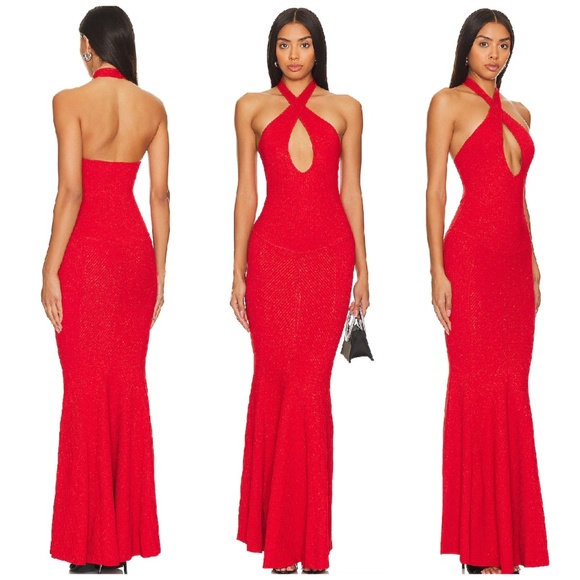 Retrofete Verona Bandage Knit Maxi Dress Red Halter Bodycon - Small - with tags - Picture 1 of 10